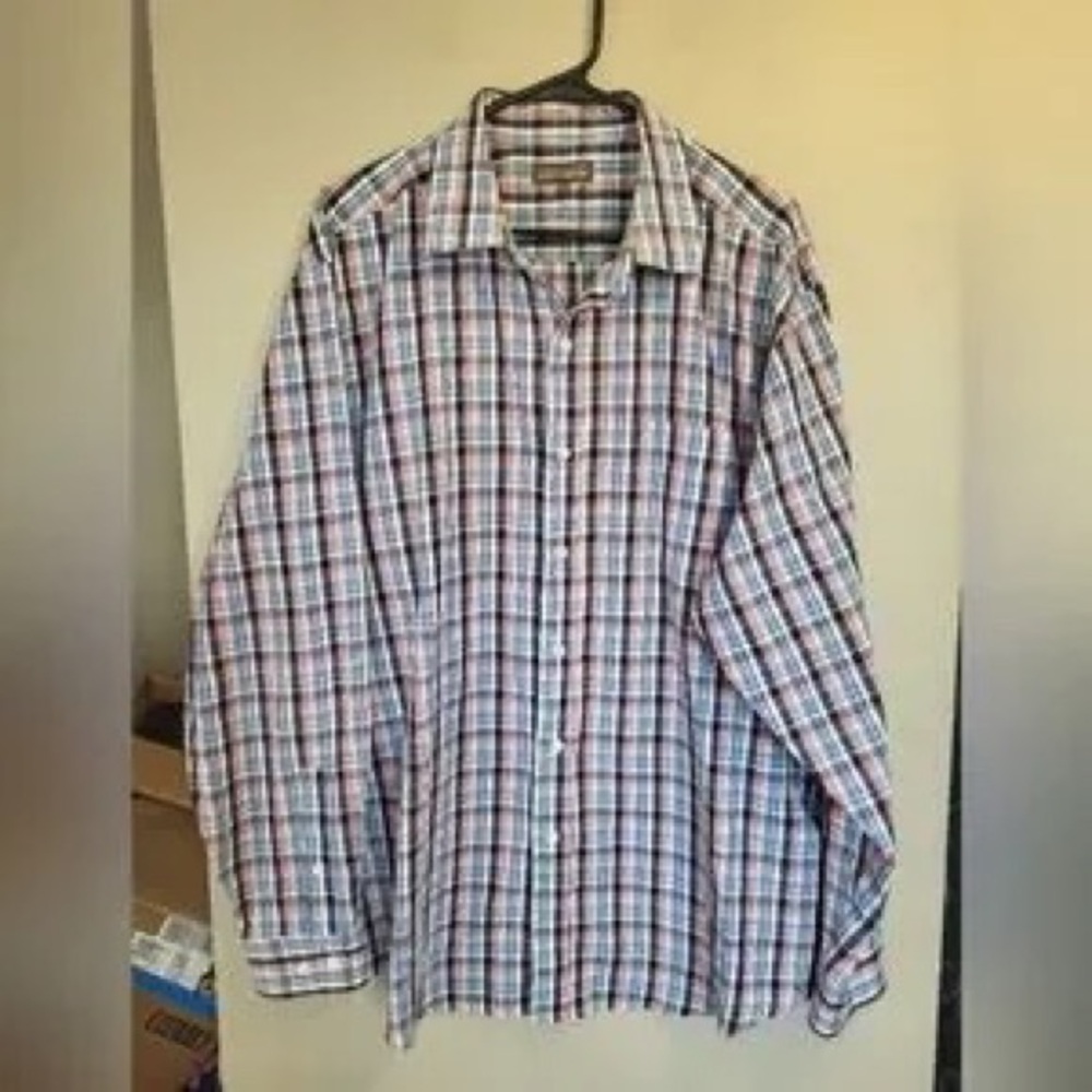 Denver Hayes Men's Plaid Button-Down Shirt in White, Blue, and Red